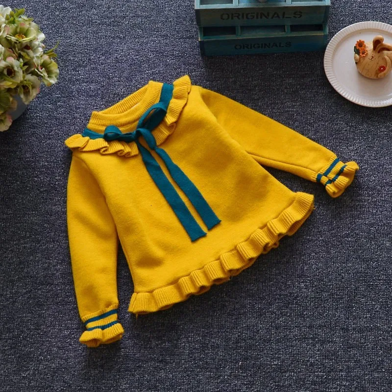 Yellow tie sweater Детский Зимний толстый свитер для девочек; пальто с героями мультфильмов; Детские свитера для мальчиков; Одежда для младенцев; теплый флисовый детский пуловер; блузка с длинными рукавами - Color: Yellow tie sweater