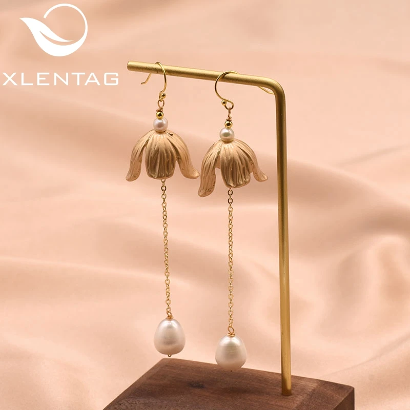 

XlentAg Handmade Long Pendant Earrings Fresh Water Pearl For Women Party Gift Pendientes Mujer Fine Jewelry GE0813