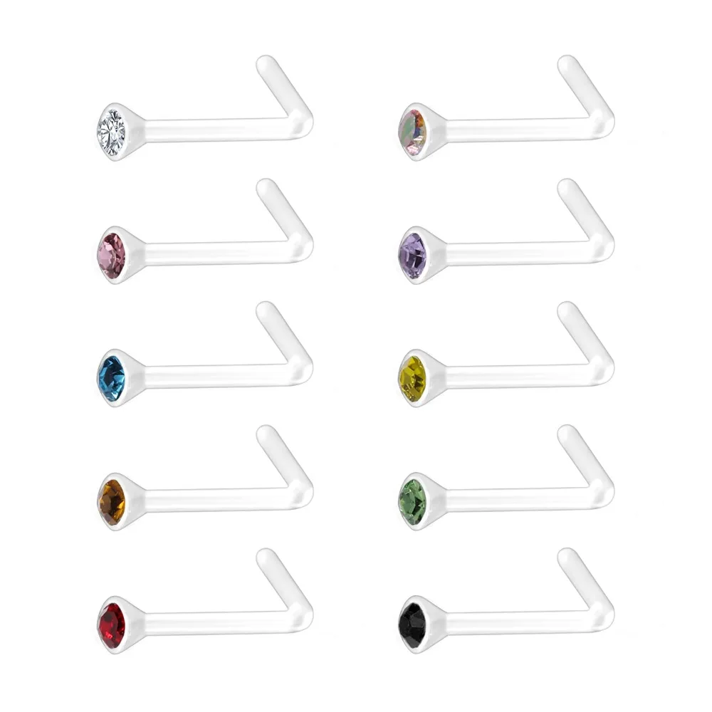 10PCS/Lot 20g CZ Crystal Nose Piercing Set Acrylic Plastic Nose Studs Rings Retainer Bone L Shape Nose Piercing Jewelry