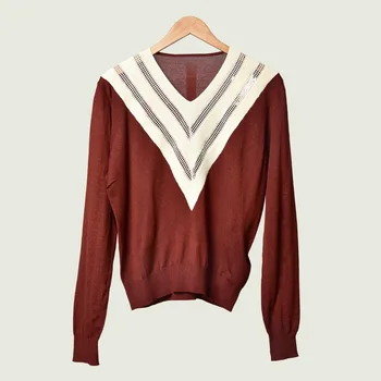

19 Temperament Lady V Collar Hollow Out Contrast Color Splicing Knitting Shirt Top Female 91102