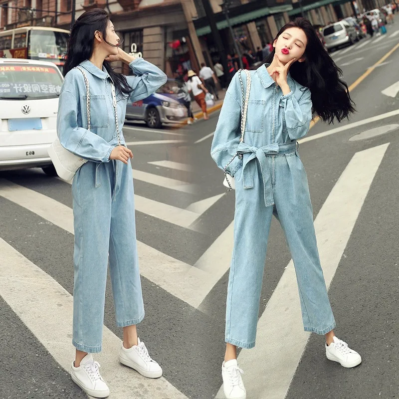 

Photo Shoot CHIC Light Blue Fold-down Collar Lantern Sleeve Cowboy Romper Women's in Waist Hugging Lace-up Workwear One-piece Lo