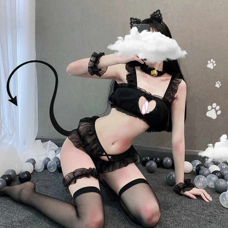 Lingerie sexy gatto selvatico cosplay reggiseno in pizzo set lesbica diavolo nero tentazione costumi di gioco di ruolo uniforme hot outfit erotico_voghion.com