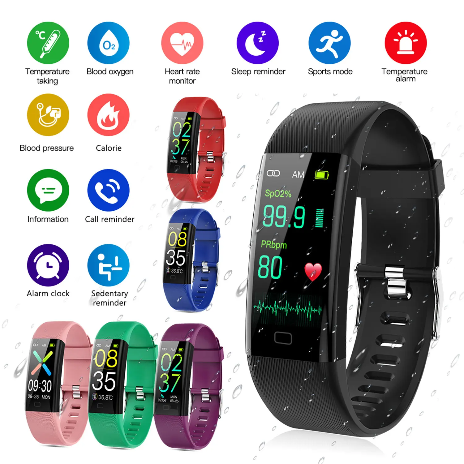 Smart Bracelet Body Temperature PR Pulse Rate SpO2 Blood Oxygen Sensor Saturation Monitoring IP67 Waterproof Fitness Tracker