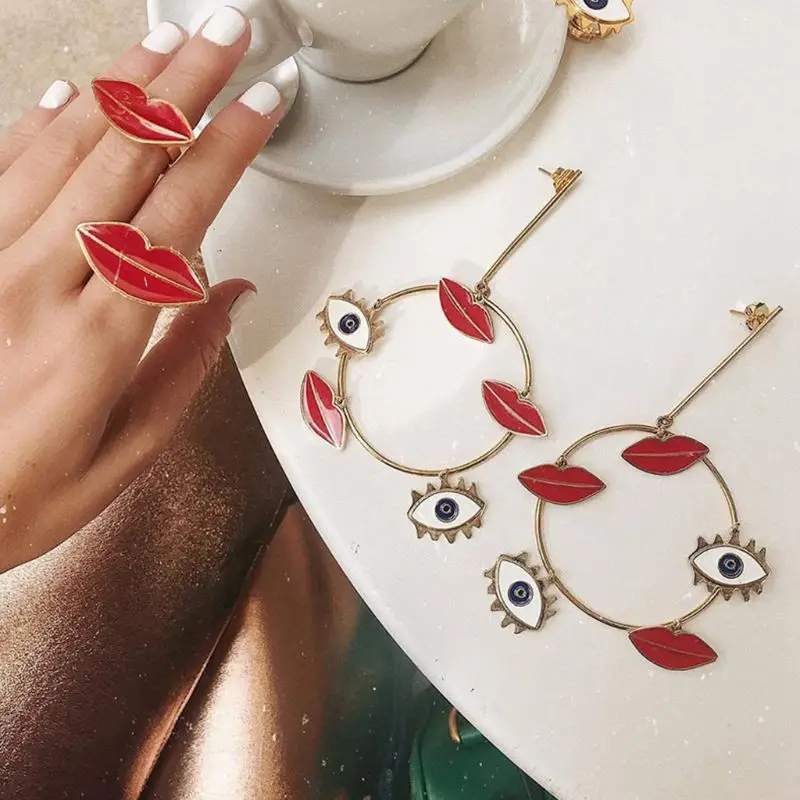 

New Exaggerated Evil Eyes Lips Charm Women Hanging Earrings Bohemian Earring Fashion Opening Drop Oil Girls Rings Jewelry Set