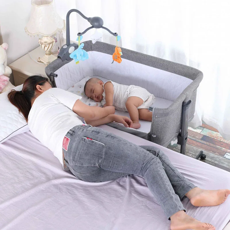  2layers Portable Baby Crib with Wheels Mosquito Net Bells Movable Foldable Spliced Large Bed Infant