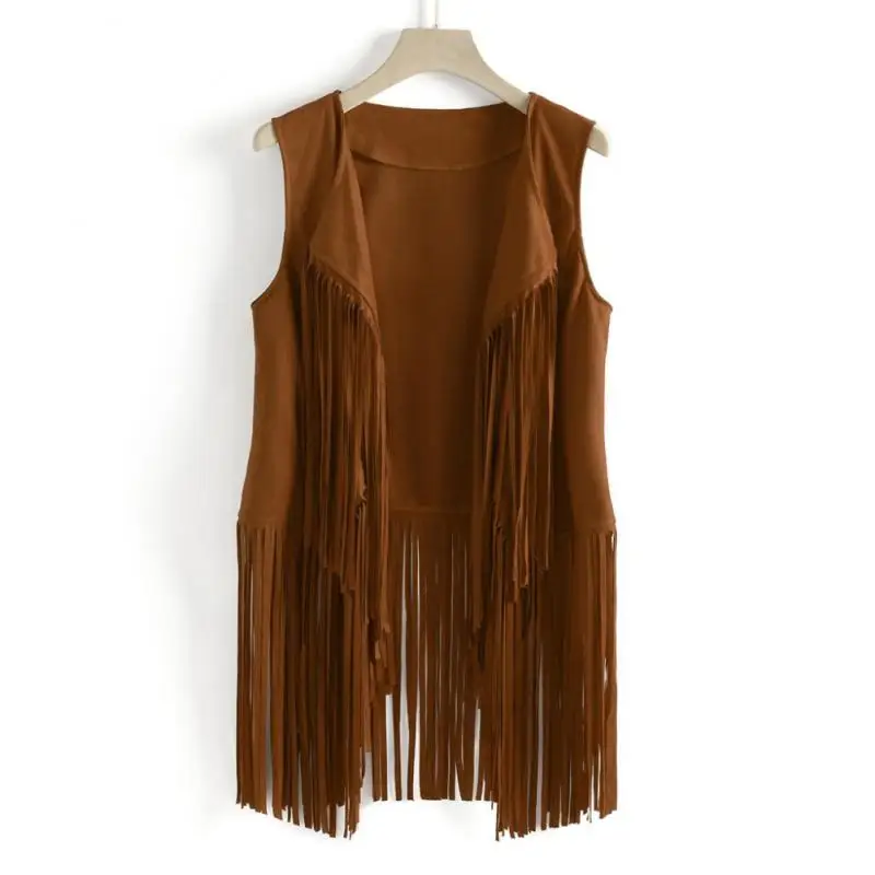 Women's Fringed Vest Jacket Fashion Fall Winter Suede Ethnic Sleeveless Fringed Vest Cardigan Vintage Faux Tassel  Coat Coffee mens bear terry embroidered pullover fluffy faux fur teddy hoodie m coffee