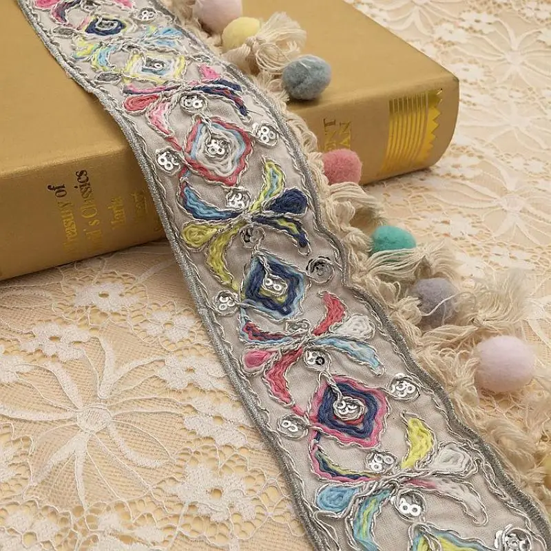 1yards Ethnic Style Embroidered Jacquard Tassel Hairball Lace Ribbon diy Home Textiles Clothes Hat Decoration Accessories ribbon decoration ribbon supplies