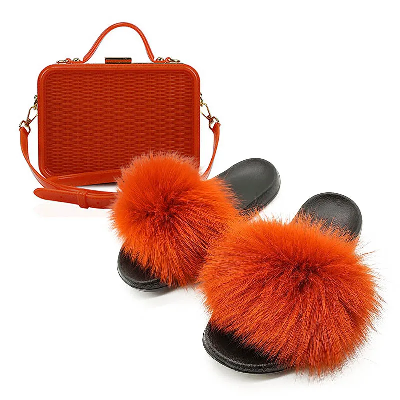 Set 11 New Fashion Real Fox Fur Slippers for Women Customzed Plush Fur Slides Solid Color Female Hand Bags Sets - Цвет: Set 11