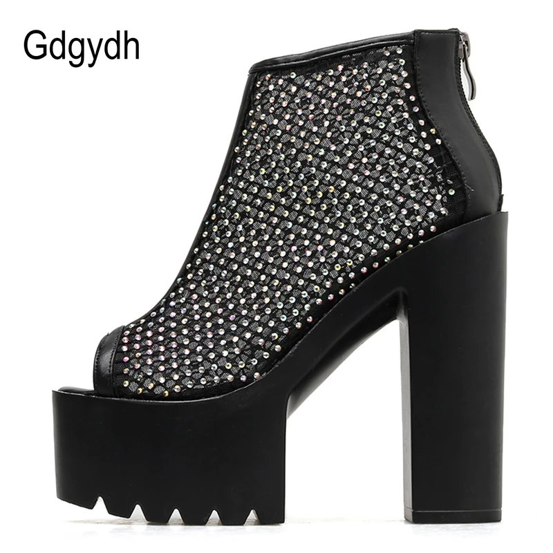 Gdgydh/Новое поступление; ботинки на высоком каблуке с открытым носком; пикантная женская обувь на платформе с сеткой и кристаллами для вечеринок; обувь на толстом каблуке с молнией