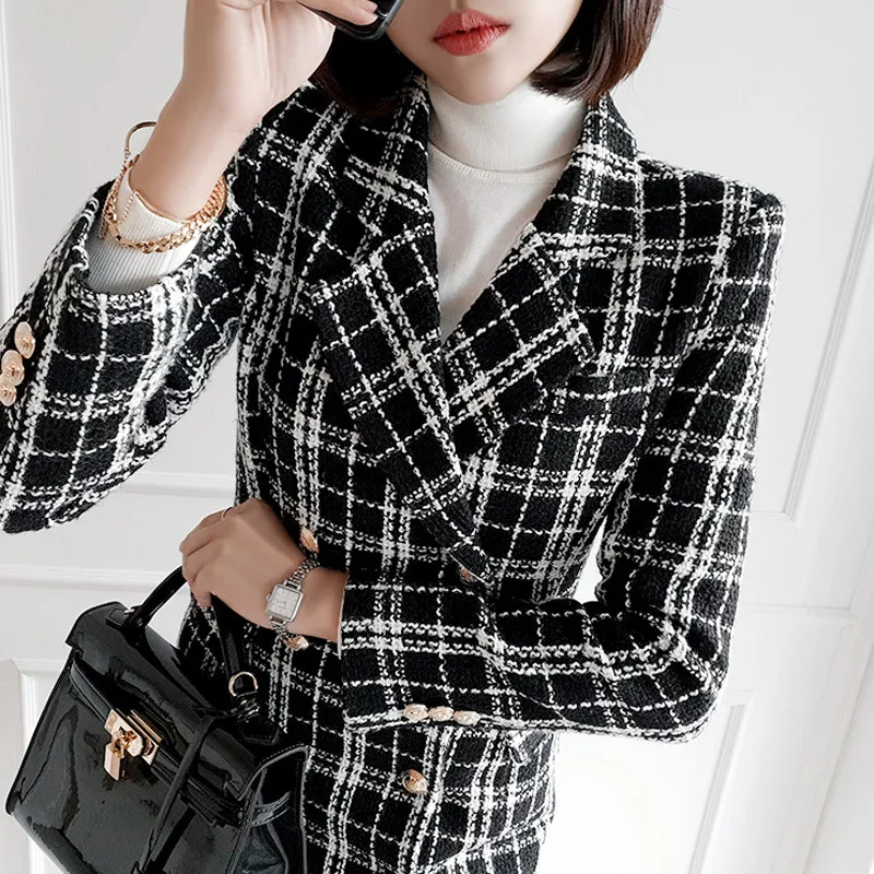 Ladies Fall Winter Contour Gingham Checkered Outerwear Autumn Wool Blend Contrast Color Plaid Long Woolen Jacket Coat