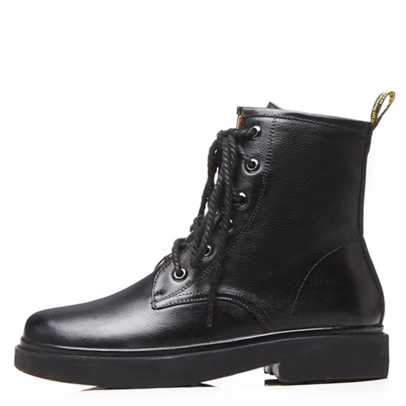 

YECHNE Genuine Leather Lace Up Martin Boots Plus Size 41 Woman Winter Round Toe Chelsea Boots Fashion Black Flat Ankle Boots