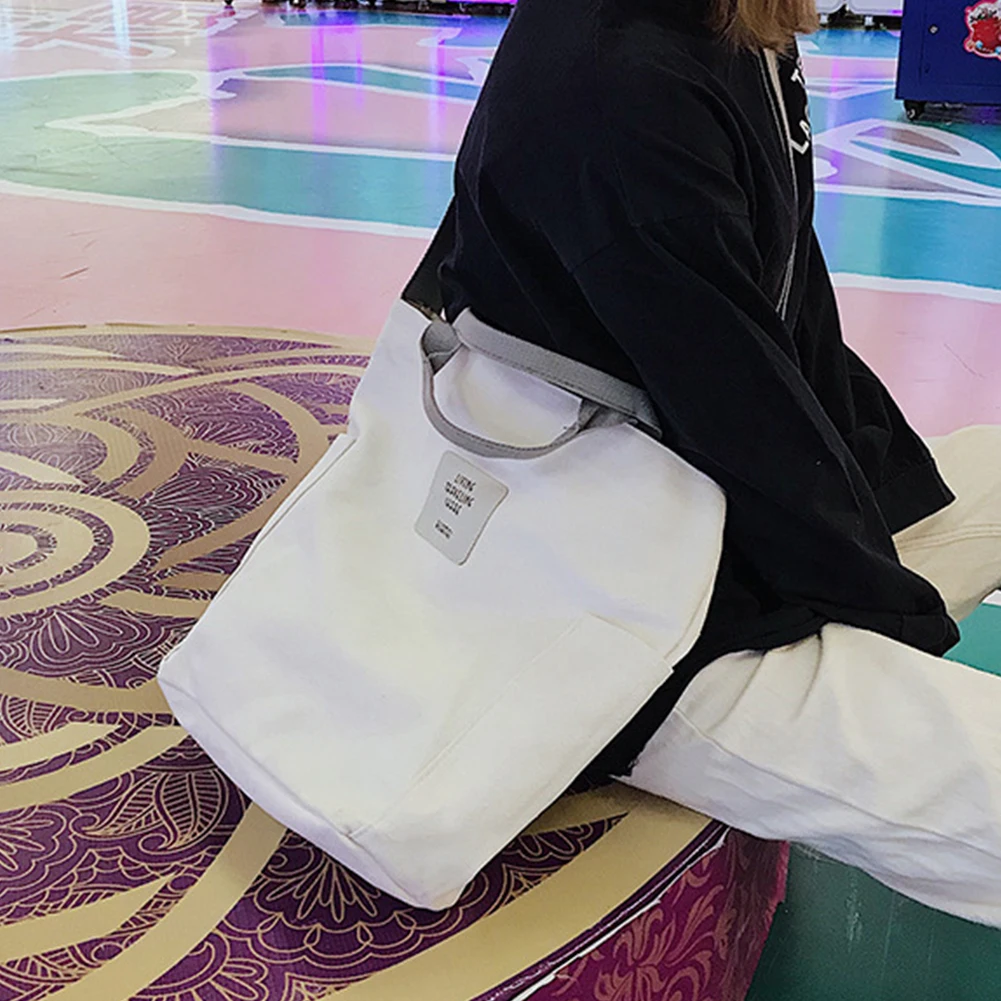 Women Zipper Causal Shoulder Bag Korean Style Canvas Adjustable Strap Handbags Large Capacity Lightweight Multi Pockets Reusable - Color: white