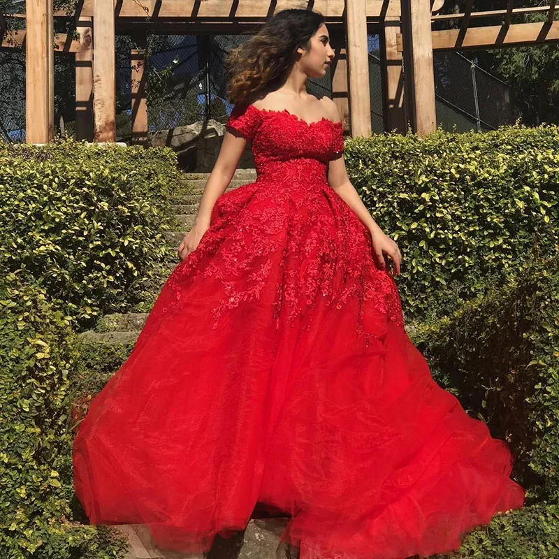 

Red Lace Evening Formal Gowns A Line Off Shoulder Applique Tulle Elegant Prom Dresses Custom Made vestidos de fiesta