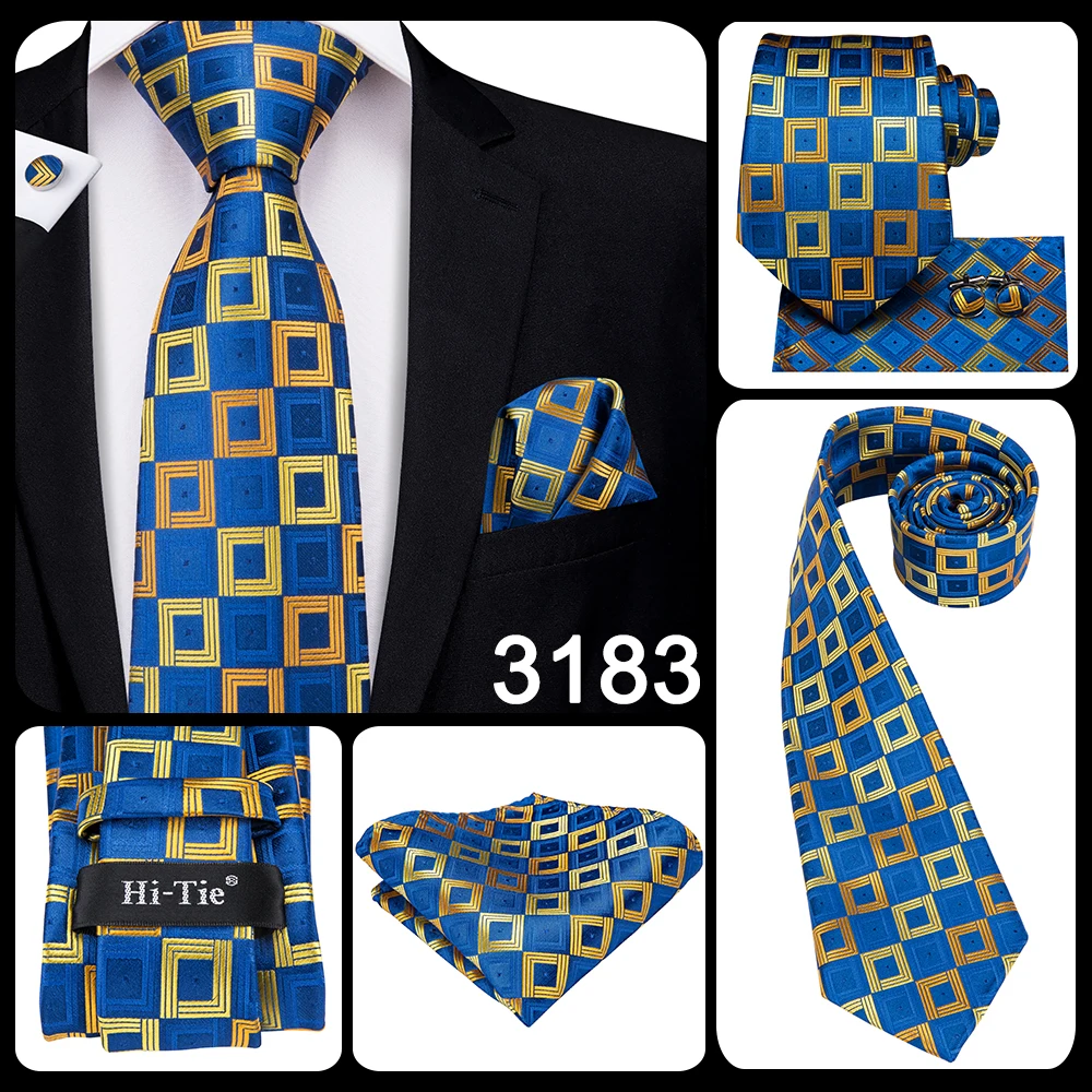 Hi-Tie Neues Gelb-Blaues Kariertes Herren-Krawattenset Luxuriöse 8,5cm Große Krawatte für Herren Modisches Einstecktuch-Manschettenknöpfe-Set Hochzeits-Seidenqualität – Detail 3