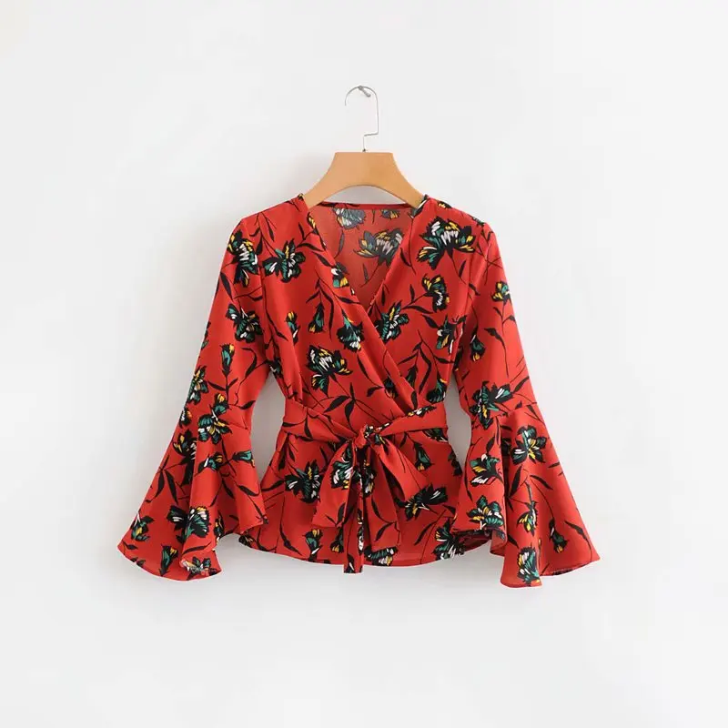 

Europe And America 2019 Spring New Style Slim Fit Slimming Versatile Printed Waist Hugging Lace-up V-neck Irregular Shirt Tops W