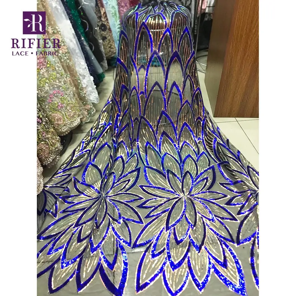 Unique Elegant Sequins Design Mesh Lace Fabrics Royal Blue Color Sequined Embroidered Guipure Wedding Prom Material | Дом и сад
