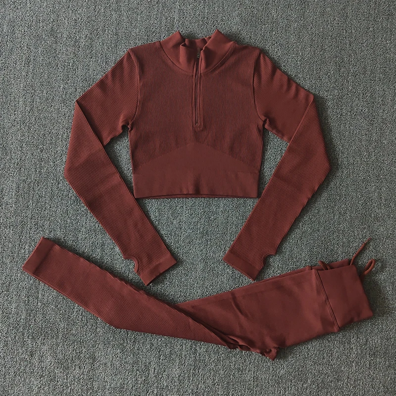 Seamless Women Yoga Set Workout Sportswear Gym Clothing Zipper Long Sleeve High Waist Leggings Fitness Bra Athletic Sports Suits