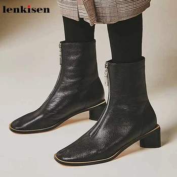

Lenkisen classic European soft genuine leather rock Zipper high heels square toe solid winter keep warm women ankle boots L9f3