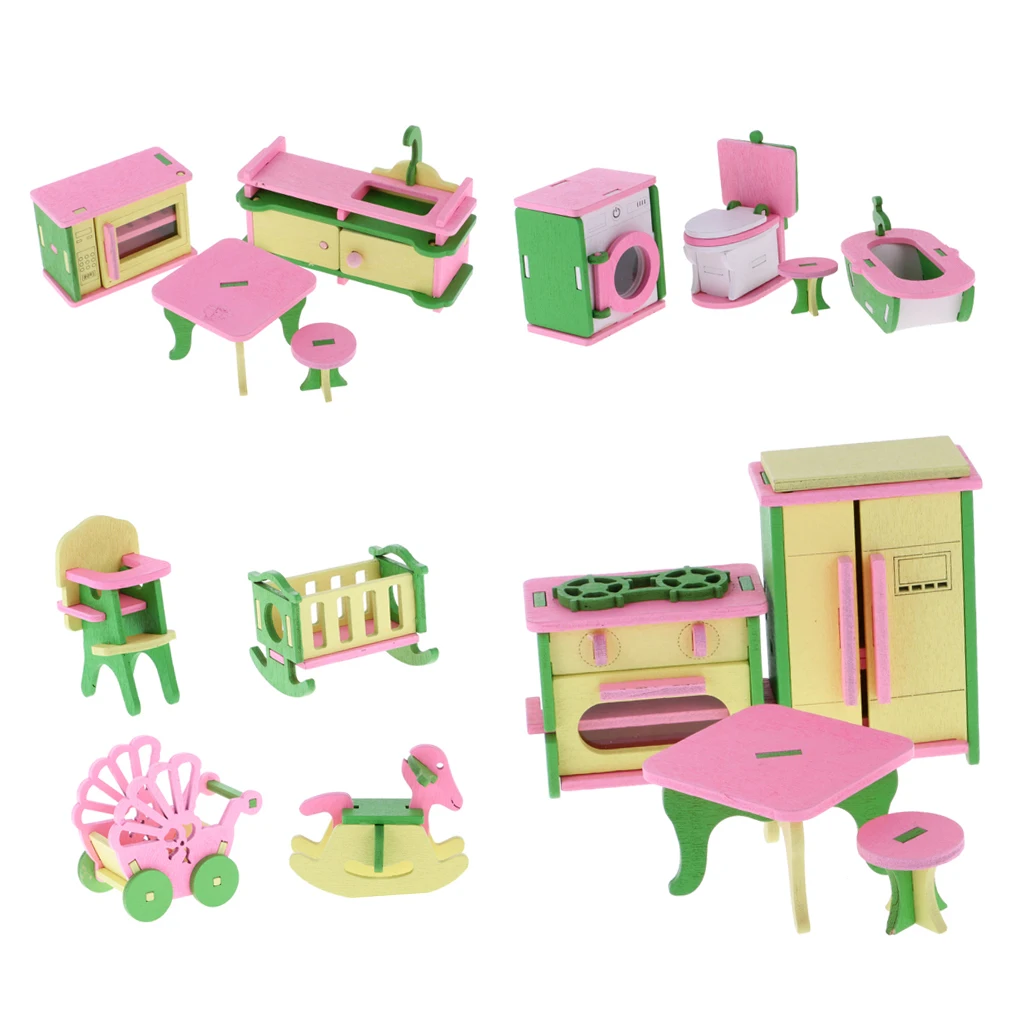16Pcs Wooden Dollhouse Miniature Furnitures Chair Stroller Crib Refrigerator