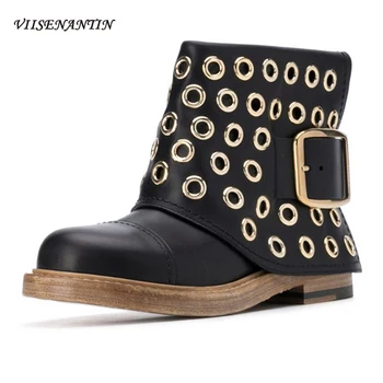 

Multi Color Autumn Round Toe British New Genuine Leather Western Cowboy Ankle Boots Female Metal Buckle Thick Heel Slip-on Shoes