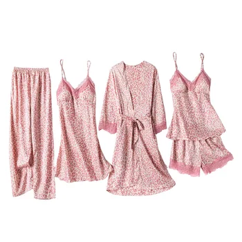

Pink Leopard Robe Set Women Lace Nightwear Sexy Satin 5PCS Sleepwear Female Sleep Set Casual Kimono Gown Home Clothes