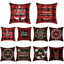 Merry Christmas Cushion Cover Polyester Red Plaid Decoration Pillow Cover for Home Sofa Peach Velvet Throw Pillowcase 45X45cm#3