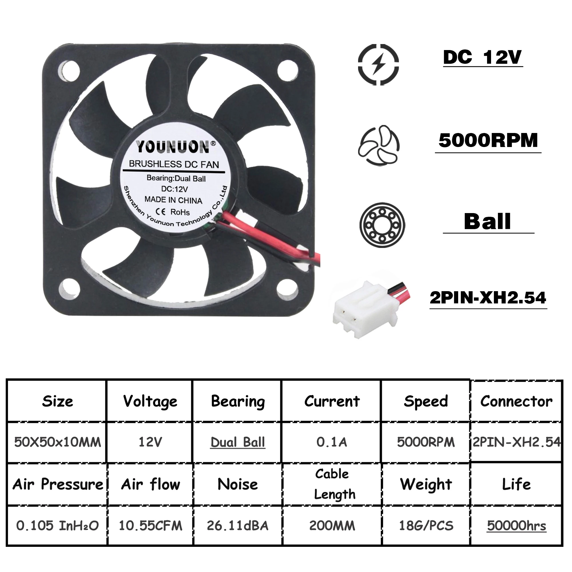 2 шт. YOUNUON 5010 50*50*10 5 в 12 В 24 В Вентилятор охлаждения 2PIN 3Pin USB 50 мм 5 см ПК ноутбук промышленный вентилятор охлаждения - Цвет лезвия: 5010 12V Ball