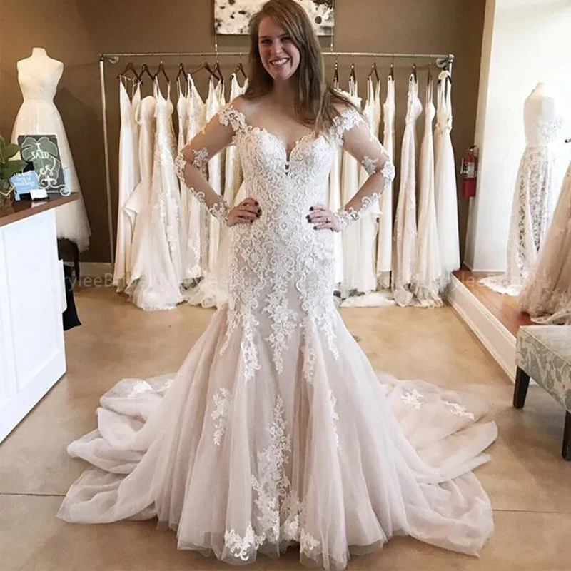 

Off Shoulder Long Sleeves Wedding Dresses Mermaid White Ivory Appliques Bridal Dress robe mariage Illusion Bodice Wedding Gowns