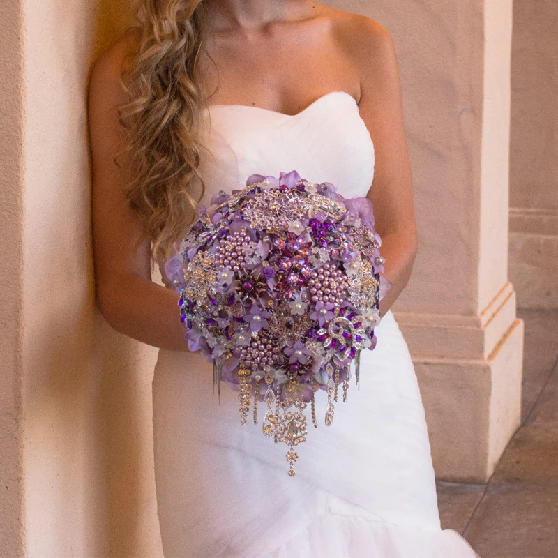 EillyRosia Violet Purple Jewelry Bouquet Bride Heavy Expensive Luxury Lavender Lilac Wedding Bouquet de mariage Blue Flowers