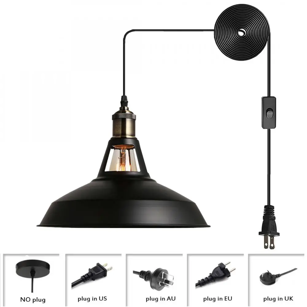 

Black Metal Shade Pendant Light Fixture Industrial Iron Hanging Light with Adjustable Cord for Kitchen Plug In Ceiling Lamp