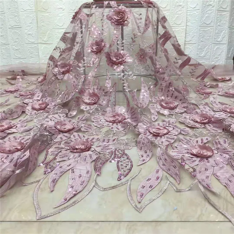

2019 beaded sequins lace African pink lace fabric high quality beautiful nigerian wedding lace new design french dress