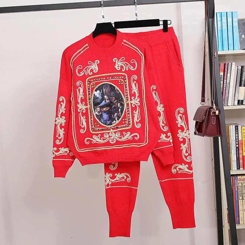 

Spring autumn women's casual sweat suit high quality embroidery sweaters+casual knitted pants two piece set B546