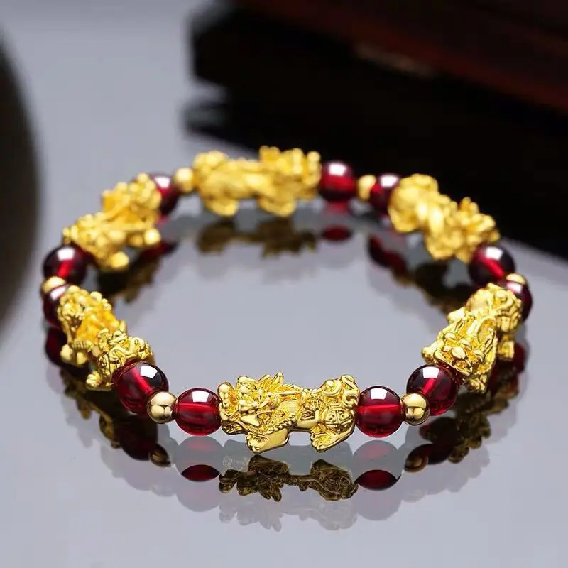 Feng Shui Obsidian Stone Beads Bracelet Wristband Gold Black Pixiu Wealth Good Luck Women Bracelet  Men Women Unisex