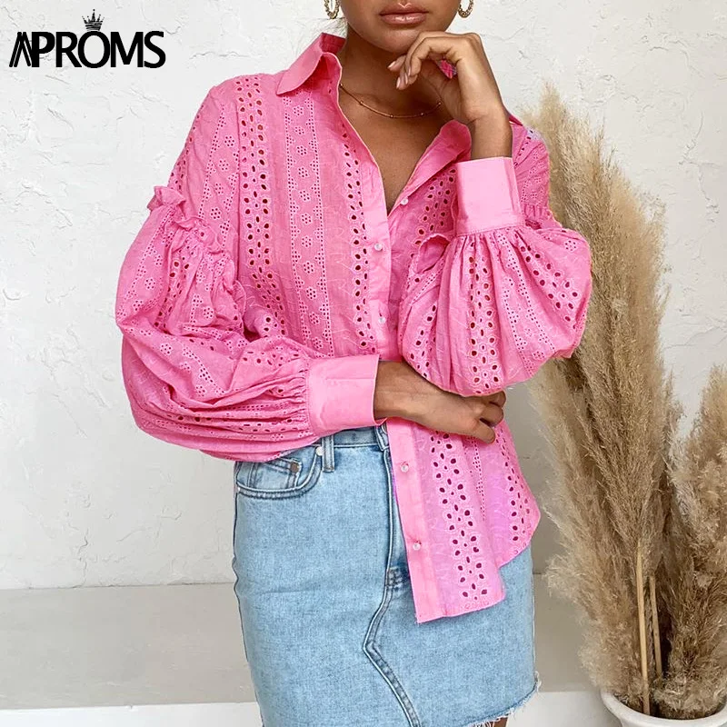 Aproms Elegant White Lace Embroidery Shirt Women Causal Long Sleeve Ruffle Hollow Out Blouse Office Ladies Pink Top Blusas 2020