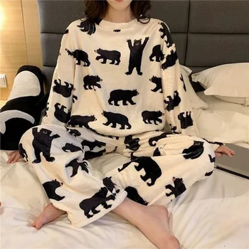 

2020 Winter Flannel Warm Pajamas Korean Kawaii Cartoon Pajama Set Fashion Pijama Mujer Leisure Home Cloth Pyjama Women Sleepwear