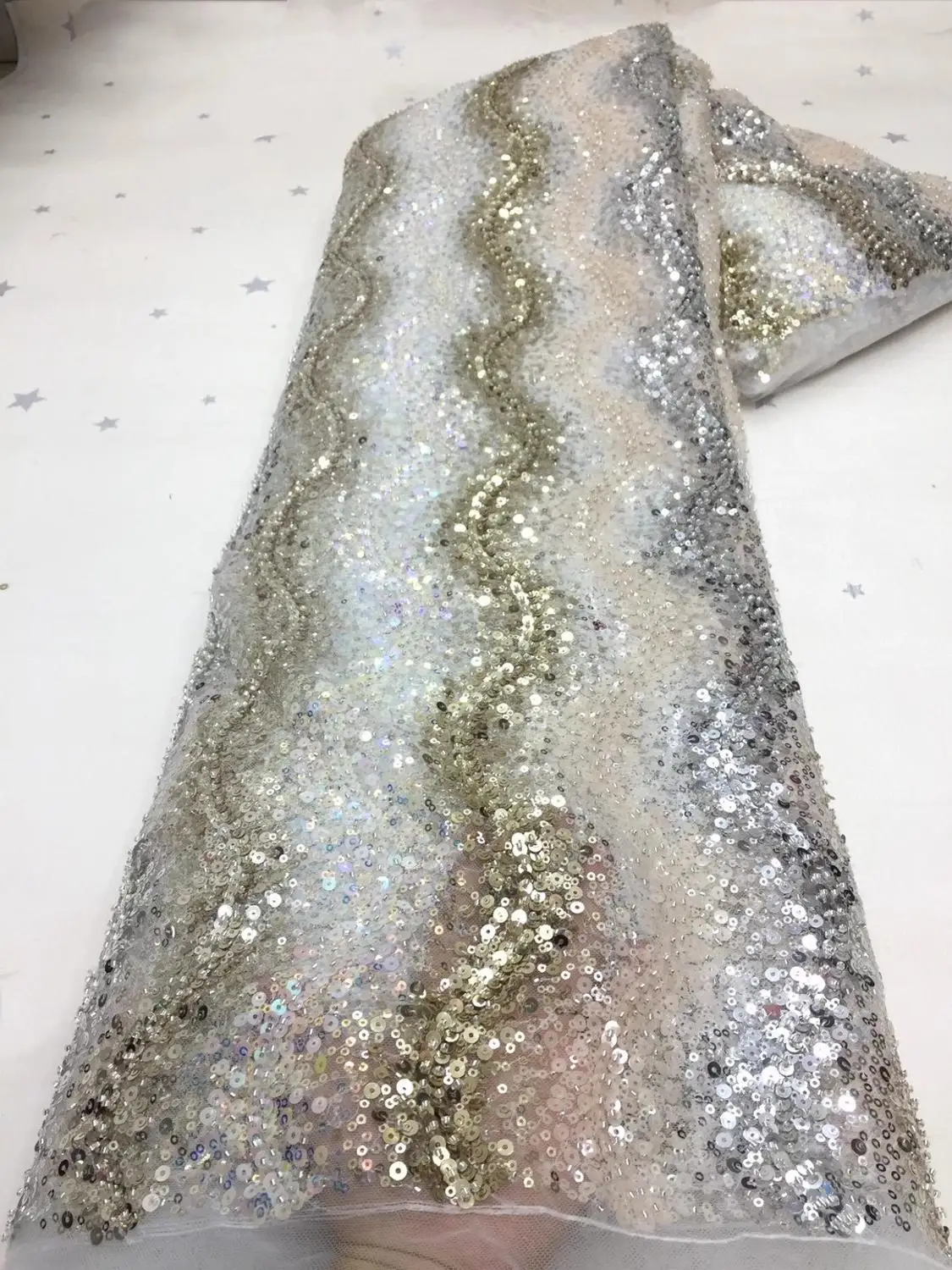 

2020 New Swiss luxury sequined tulle lace fabric 5yards wide party dress lace fabric XZX-2420