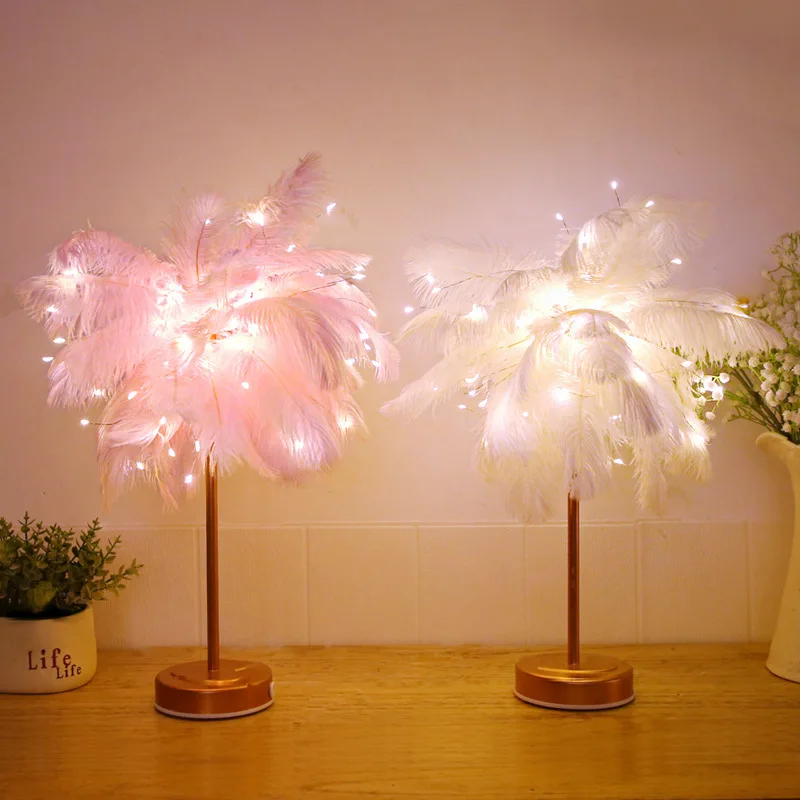 

48cm Feather Table Lamp USB Rechargerable Tree Shape LED Lights Decorative Flashing Lamp Night Light Lamps For Bedroom