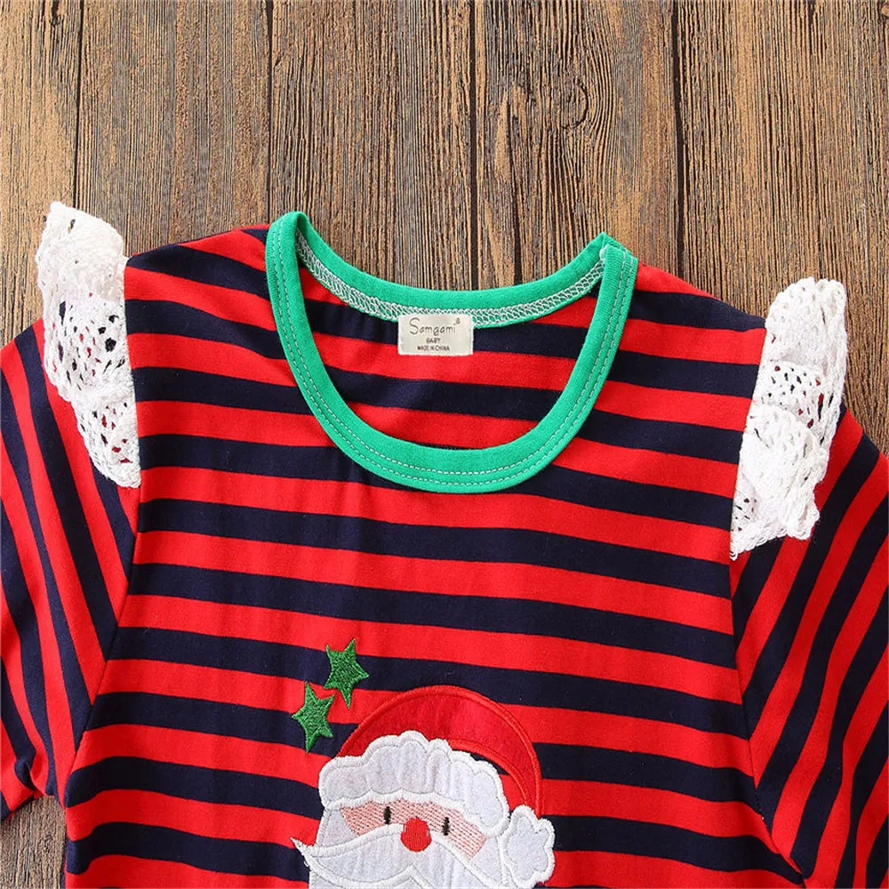 Модные рождественские костюмы комбинезоны для маленьких девочек и мальчиков красный кружевной костюм с длинными рукавами и оборками в стиле санта клауса детские комбинезоны