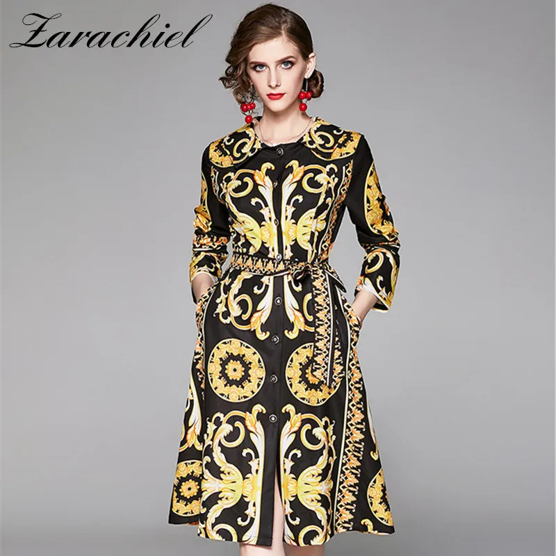

Fashion Designer Golden Printed Trench Coat 2019 Autumn Women Single-Breasted Sashes Belt Pocket Elegant Cardigan Coats Outwear