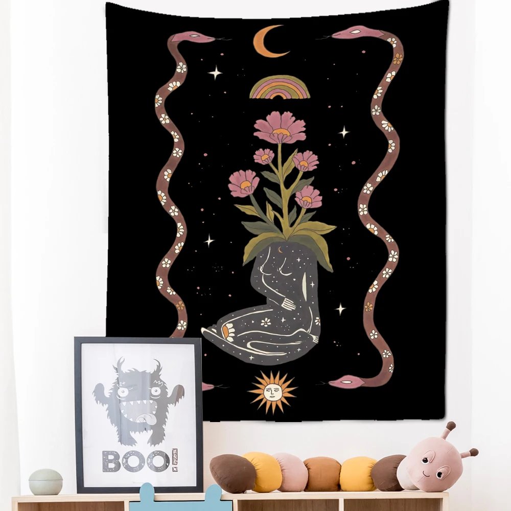 Sun Moon Star Tarot Tapestry Wall Hanging Astrology Divination Witchcraft Hippie  Goddess Plant Flower Bedroom Home Decor