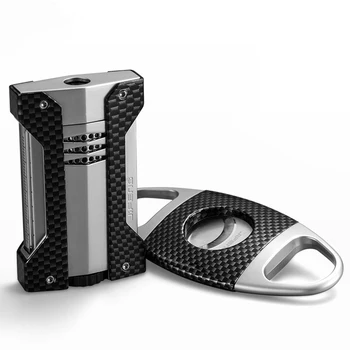 

JiFENG Carbon Fiber Travel Cigar Case And 1 Torch Jet Flame Cigar Lighter W/Stainless Steel Cutter Blade Gift Set Fit COHIBA