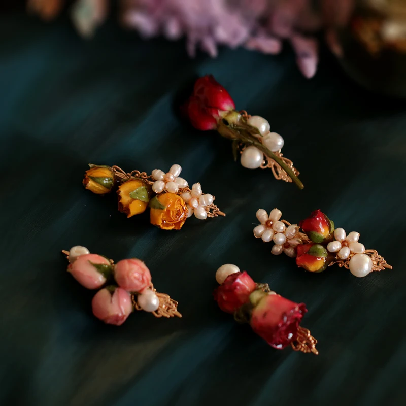 

CSxjd New Handmade pearl Rose Dried flowers hair clip Side clip Wedding jewelry