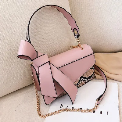 Pink Шикарные Женские сумки на плечо со змеиным принтом, модные дизайнерские женские сумки на ремне с бантом, винтажные сумки из змеиной кожи ПУ, сумка через плечо - Цвет: Pink