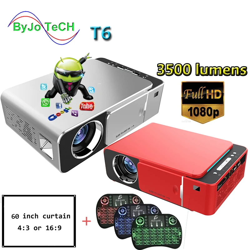 

ByJoTeCH T6 1080P LED Projector 3500 lumens 1280x720 Portable projector Android 7.1 Home Theater WIFI 2.4G5G 60 inch screen