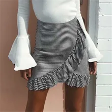 Для женщин в полоску до колен для девочек, новинка, праздничная юбка мини-Длина нерегулярные Форма оборками одежда