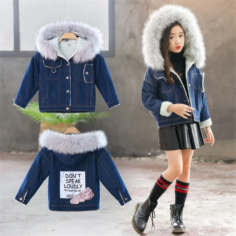 Джинсовая куртка для девочек; сезон осень-зима; Новинка; плотная теплая верхняя одежда для детей; пальто с капюшоном; детская утепленная Вельветовая куртка