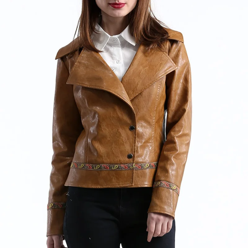 Модная куртка из искусственной кожи, Женская Осенняя куртка с длинными рукавами, воротник с лацканами, однотонная верхняя одежда женская