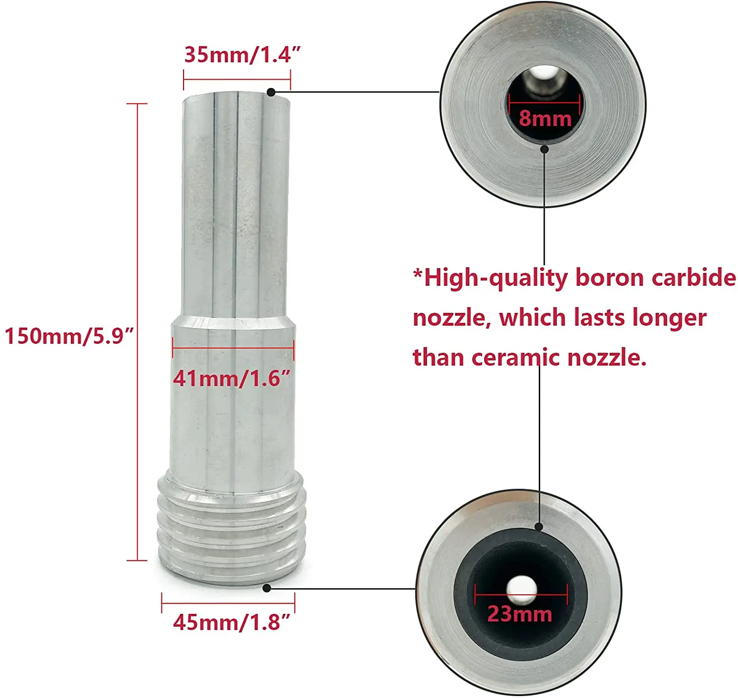 

HOLDWIN Pressure B4C Abrasive Sand Blasting Nozzle 2'' UNC Aluminum Jacket Boron Carbide Nozzle hole 8/10mm