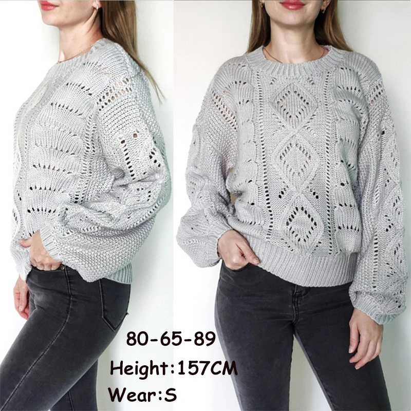 Gray Hollow Out Knitted Lantern Sleeve Sweater