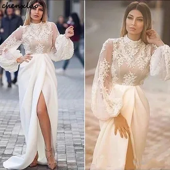 

Muslim Beige Long Evening Dresses Satin A-Line Lace Appliques Split Front Evening Dress Formal Party Gowns